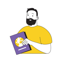 Aufkleber - Book reading concept with cartoon people in flat design for web. Man holds textbook with science cover, learning and getting knowledge. Vector illustration for social media banner, marketing material.