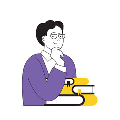 Aufkleber - Book reading concept with cartoon people in flat design for web. Man student with stacks of textbook preparing to exam at university. Vector illustration for social media banner, marketing material.