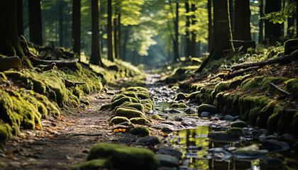 Sticker - Tranquil scene of a green forest with autumn leaves falling generated by AI