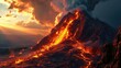 Volcano eruption at sunset, 3d render illustration of volcano eruption