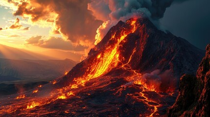 Volcano eruption at sunset, 3d render illustration of volcano eruption
