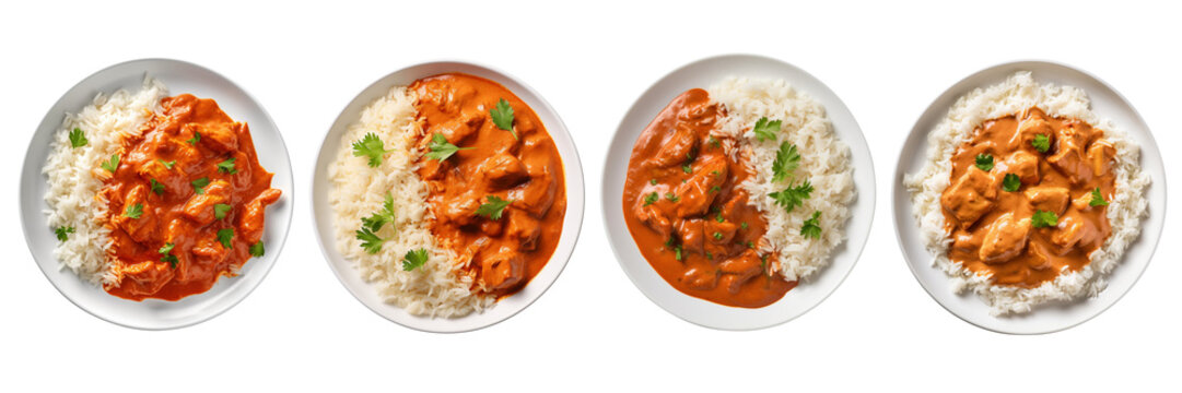 Set of Butter chicken with basmati rice on a plate  top view isolated on a transparent background
