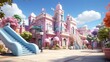 Pink and blue pastel city street with cartoon buildings