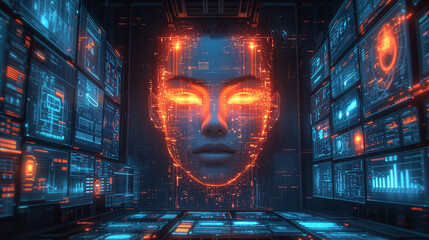 Wall Mural - Visualisation of artificial intelligence as a face of a woman with evil look