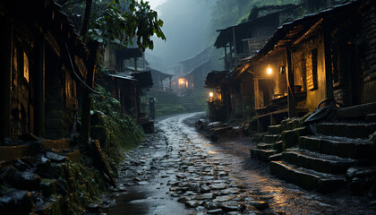 Wall Mural - Night nature outdoors dark old architecture, mountain landscape wet travel generated by AI