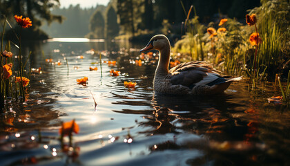 Sticker - A beautiful duckling swims in a tranquil pond surrounded by nature generated by AI