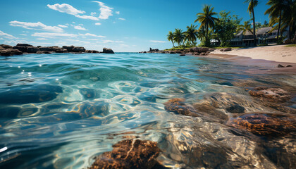 Wall Mural - Idyllic tropical coastline, turquoise waters, palm trees, and serene relaxation generated by AI