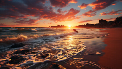 Wall Mural - Sunset over the tranquil water, a picturesque nature masterpiece generated by AI