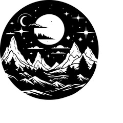 Mountains under the starry sky - Black and White