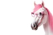 © Al - horse portrait with pink glasses. banner with white background. stylish animal, office. Cute