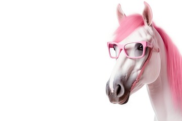 Wall Mural - horse portrait with pink glasses. banner with white background. stylish animal, office. Cute