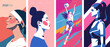 A series of vibrant, stylized illustrations featuring athletic women in dynamic poses showcasing strength, confidence, and sportsmanship with a modern, empowering aesthetic.