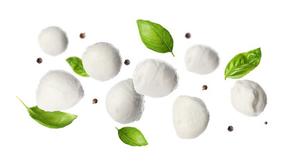 Wall Mural - Mozzarella balls, basil leaves and peppercorns falling on white background