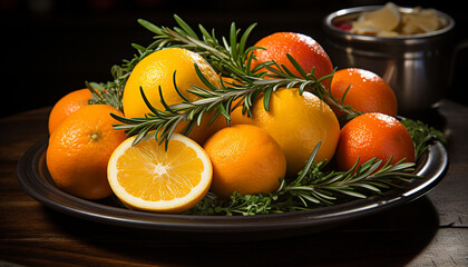 Canvas Print - Freshness of citrus fruit on wooden table generated by AI