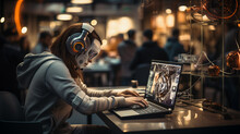 Futuristic Female Programmer With A Multifunctional Helmet On Her Head, Sitting At A Desk And Working On A Laptop