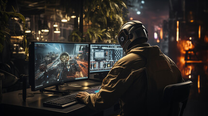 Wall Mural - A man at a desk with a futuristic multi-purpose helmet in an office in the year 2100