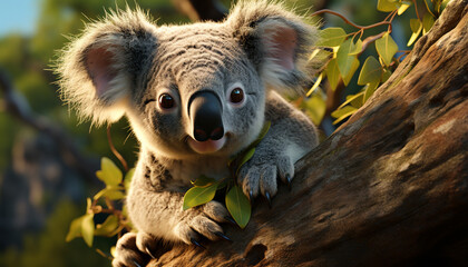 Canvas Print - Cute koala sitting on eucalyptus tree branch generated by AI