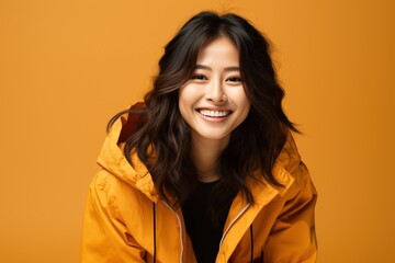 Poster - Portrait of a smiling young Asian woman in a yellow jacket