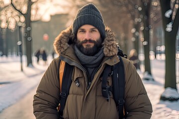 Man in Winter Attire Enjoying Snowy Day