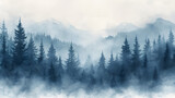 Fototapeta Fototapety z naturą - Watercolor foggy forest landscape illustration. Wild nature in wintertime.