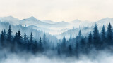 Fototapeta Natura - Watercolor foggy forest landscape illustration. Wild nature in wintertime.