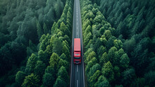 Aerial Top View Of Car And Truck Driving On Highway Road In Green Forest. Sustainable Transport. Drone View Of Hydrogen Energy Truck Driving On Asphalt Road 