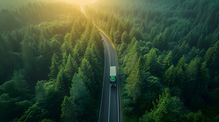 Aerial top view of car and truck driving on highway road in green forest. Sustainable transport. Drone view of hydrogen energy truck driving on asphalt road 