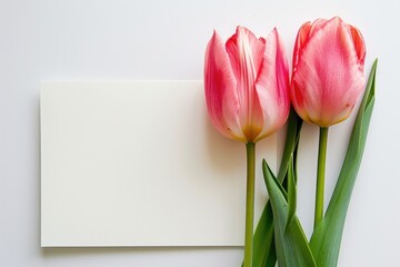 Wall Mural - two pink tulips on a blank card isolated on white background Generative AI