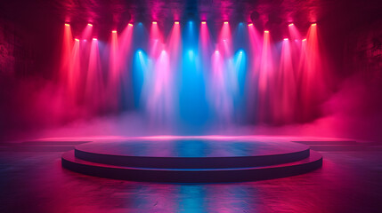 Modern dance stage light background with spotlight for modern dance production stage. Empty stage with dynamic color washes. 