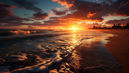 Wall Mural - Sunset over the tranquil coastline, reflecting golden hues on the water generated by AI