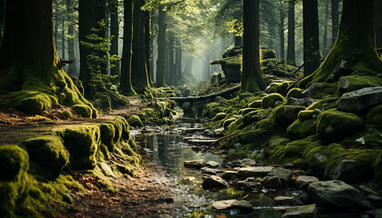 Wall Mural - Mysterious forest, tranquil scene, wet leaf, green tree, rocky footpath generated by AI