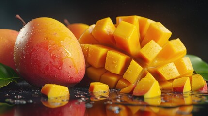 Wall Mural - Fresh juicy mango with leaves and water drops. Healthy exotic fruits background