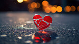 Fototapeta  - a broken red heart on the asphalt, a glass heart broken into small pieces, bokeh background