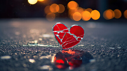 Wall Mural - a broken red heart on the asphalt, a glass heart broken into small pieces, bokeh background