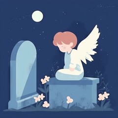 Illustration of a child with wings near a gravestone in a cemetery near a monument. Concept: grief from the loss of a loved one
