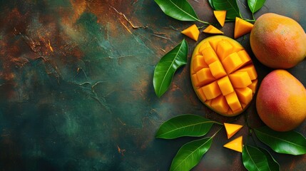 Wall Mural - Fresh juicy mango with leaves and water drops. Healthy exotic fruits background with free place for text