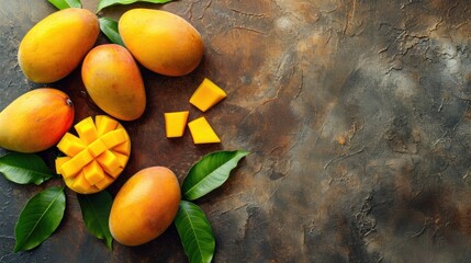 Wall Mural - Fresh juicy mango with leaves and water drops. Healthy exotic fruits background with free place for text