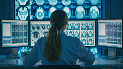 Wall Mural - Skill enhancement: doctor studies patient scans on multiple digital screens