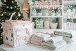 A well-organized nursery shelf adorned with plush toys, knitwear, and delicate baby accessories in a gentle color palette