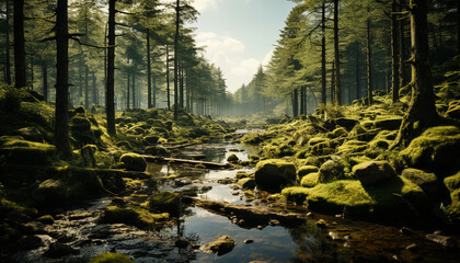 Poster - A tranquil scene of a mountain reflecting in flowing water generated by AI