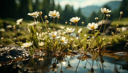 Sticker - The fresh yellow daisy blossoms in the tranquil meadow generated by AI