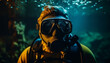 One person diving underwater, wearing protective mask and workwear generated by AI