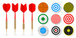 Paper targets with dart arrows and shadows. Shooting range round target, divisions, marks and numbers. Gun shooting practise and training, sport competition. Bullseye and aim. Vector illustration