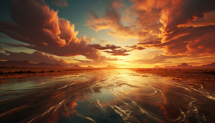 Wall Mural - Sunset over the tranquil sea, a golden sky reflects on water generated by AI