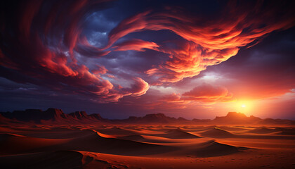 Poster - Majestic sunset over sand dunes, nature beauty in panoramic view generated by AI