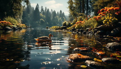 Poster - Duck swims peacefully in the tranquil pond, surrounded by nature generated by AI