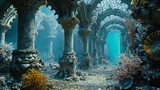 Fototapeta Do akwarium - A majestic underwater castle captivates with arches constructed from an array of exquisite and enc