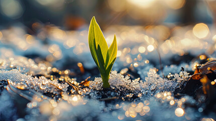 Sticker - A resilient young green sprout breaks through the snowy, frozen ground, heralding the end of winte