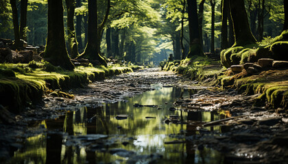 Wall Mural - Tranquil scene of a forest with green trees and flowing water generated by AI