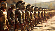 A spectacle of strength and order emerges as Spartans, donned in gleaming armor, march in an awein